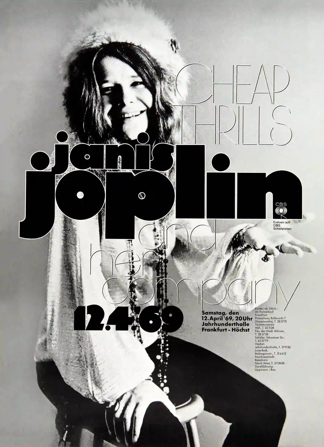Janis Joplin 1969 Frankfurt, Germany Concert Poster featuring light gray, gray, and black vertical artwork.