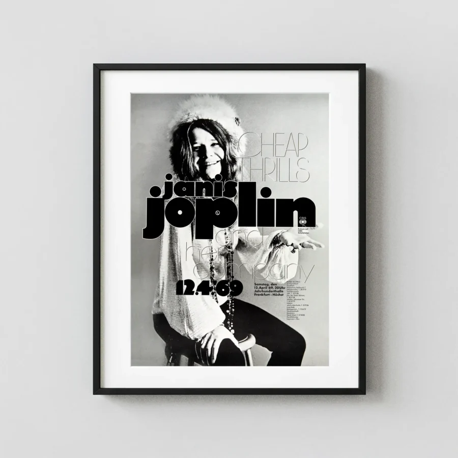 Janis Joplin 1969 Frankfurt, Germany Concert Poster featuring light gray, gray, and black vertical artwork.
