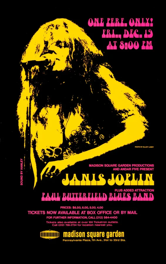 Janis Joplin 1969 Madison Square Garden, New York, Concert Poster featuring black, yellow, and charcoal vertical artwork.