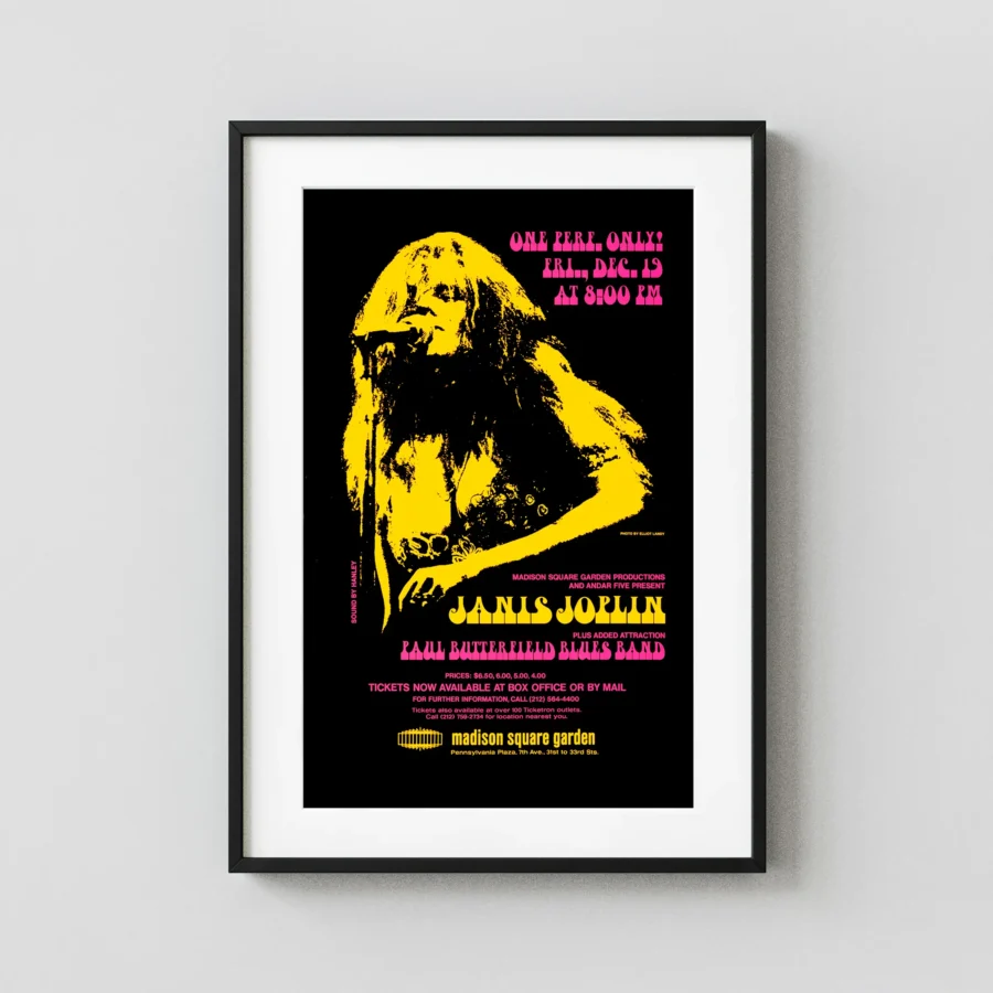 Janis Joplin 1969 Madison Square Garden, New York, Concert Poster featuring black, yellow, and charcoal vertical artwork.