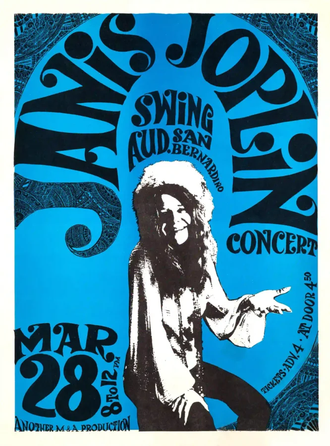 Janis Joplin 1969 San Bernardino, CA Small Concert Poster featuring blue, white, and black vertical artwork.
