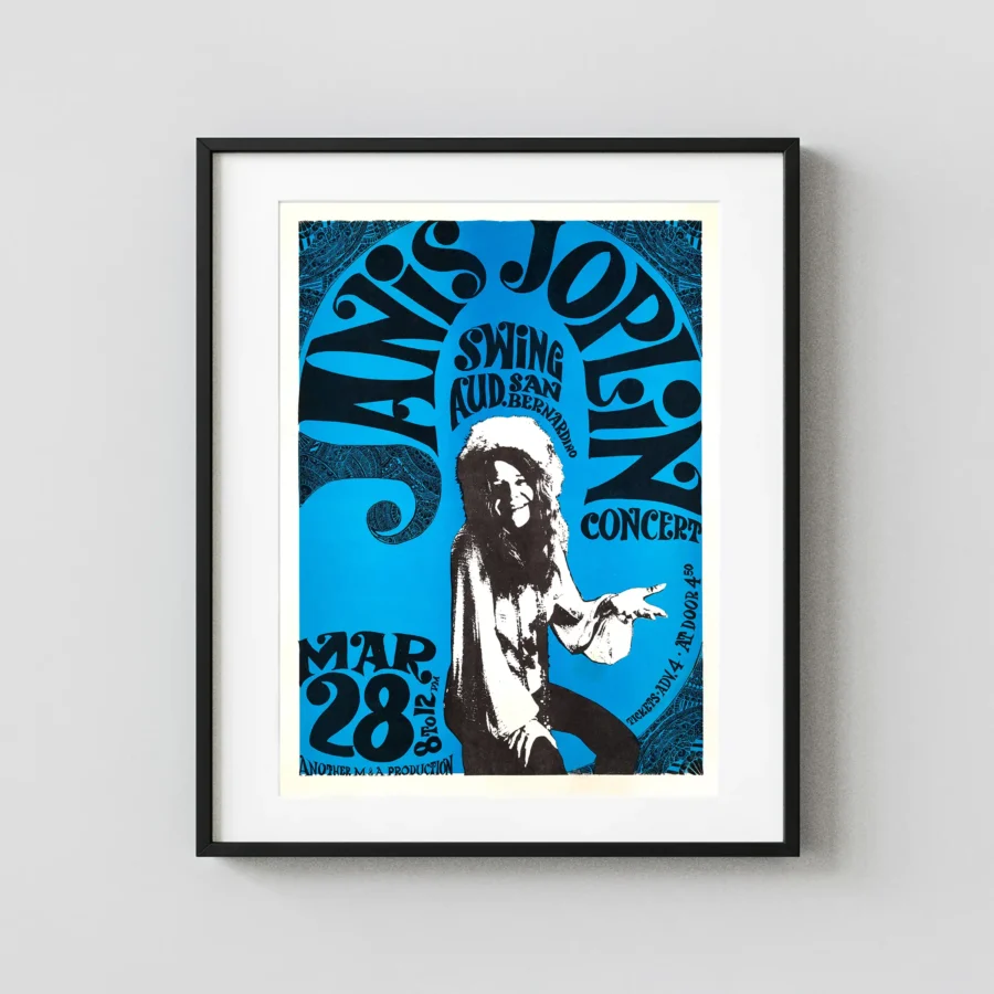 Janis Joplin 1969 San Bernardino, CA Small Concert Poster featuring blue, white, and black vertical artwork.