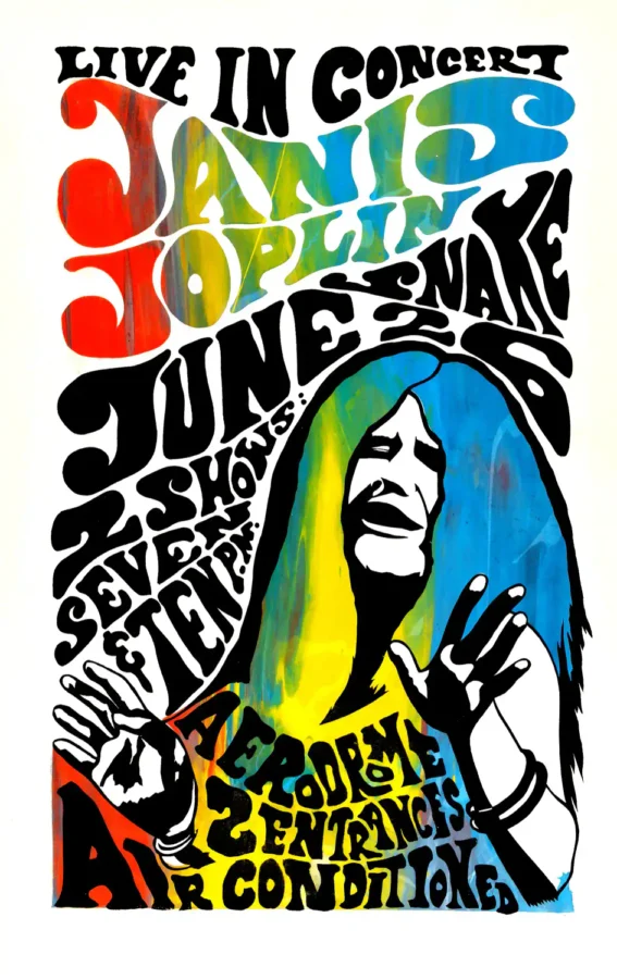 Janis Joplin 1970 Schenectady, NY Concert Poster featuring white, black, and slate gray vertical artwork.