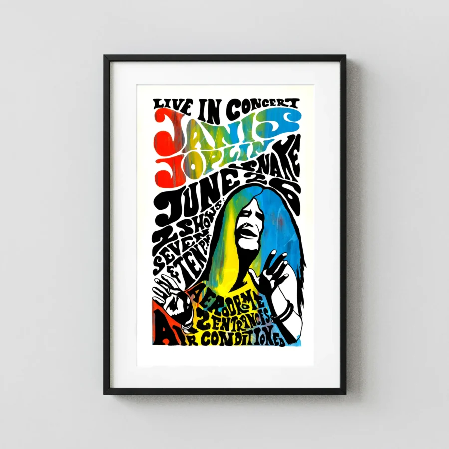 Janis Joplin 1970 Schenectady, NY Concert Poster featuring white, black, and slate gray vertical artwork.