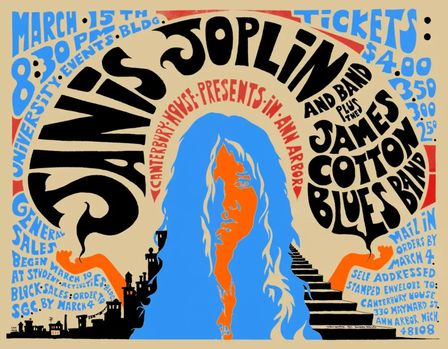 Janis Joplin Ann Arbor University of Michigan 1969 Concert Poster featuring white, orange, and black vertical artwork.