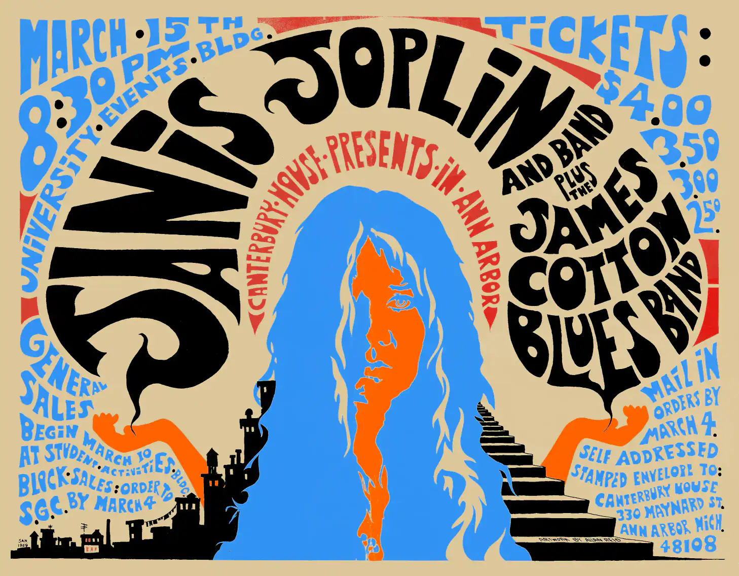 Janis Joplin Ann Arbor University of Michigan 1969 Concert Poster featuring white, orange, and black vertical artwork.