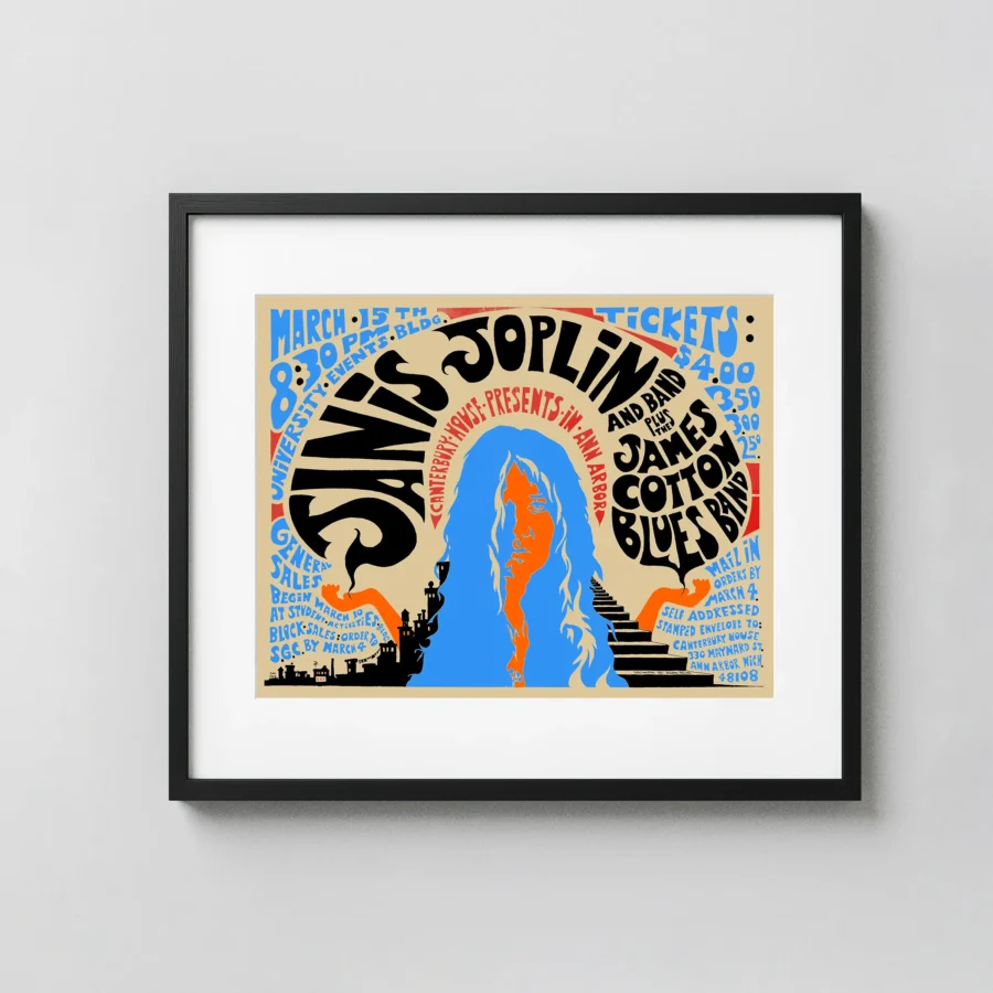 Janis Joplin Ann Arbor University of Michigan 1969 Concert Poster featuring white, orange, and black vertical artwork.