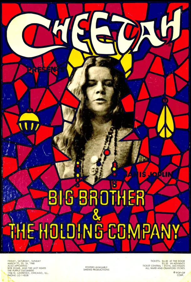 Janis Joplin, Big Brother & Holding Co. poster with white, navy, and burgundy artwork and period lettering.