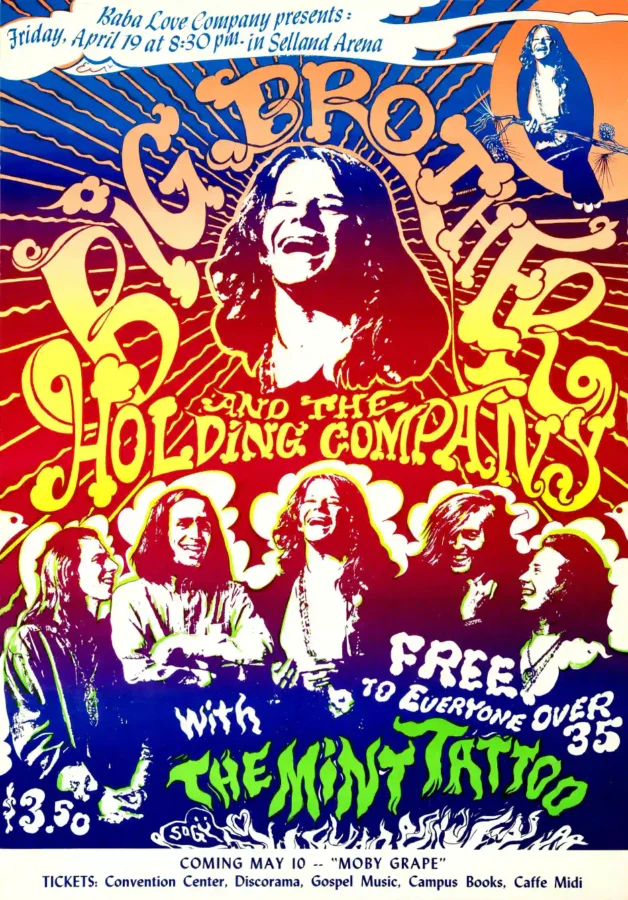 Janis Joplin, Big Brother & Holding Company poster with white, light gray, and orange artwork and period lettering.