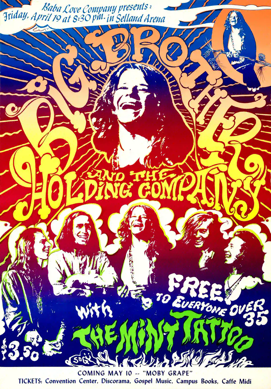 Janis Joplin, Big Brother & Holding Company poster with white, light gray, and orange artwork and period lettering.