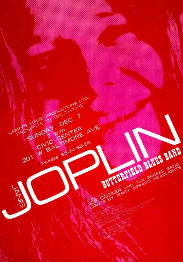 Janis Joplin, Early Joe Cocker 1969 Baltimore, MD Concert Poster featuring red, magenta, and white vertical artwork.