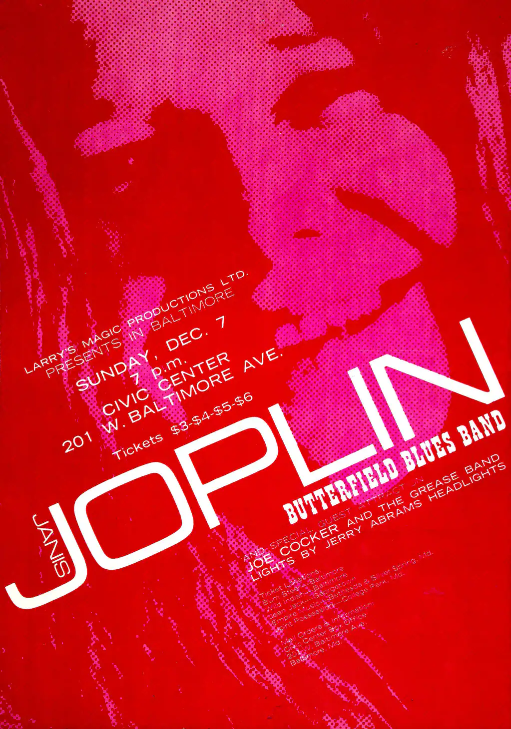 Janis Joplin, Early Joe Cocker 1969 Baltimore, MD Concert Poster featuring red, magenta, and white vertical artwork.