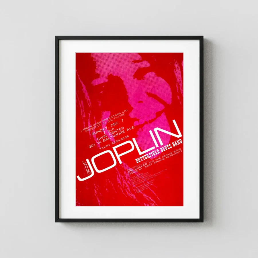 Janis Joplin, Early Joe Cocker 1969 Baltimore, MD Concert Poster featuring red, magenta, and white vertical artwork.