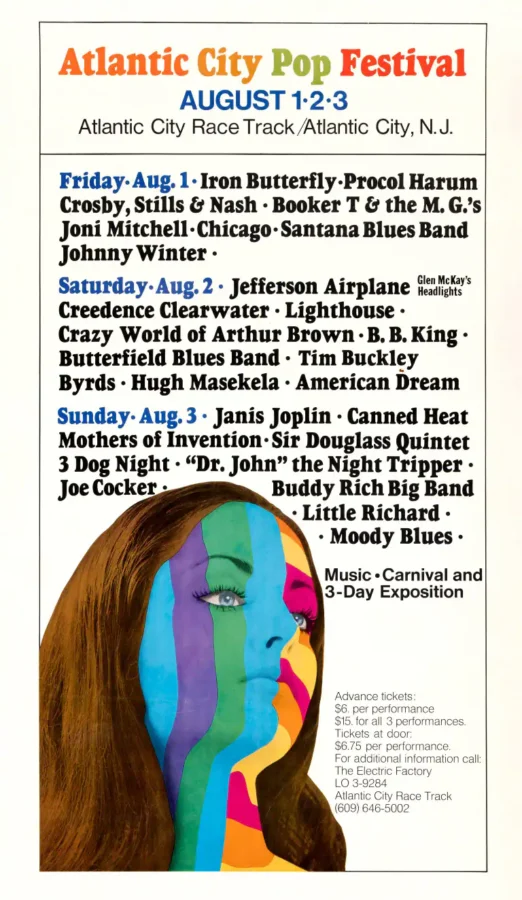 Janis Joplin, Frank Zappa, CSN, Joni Mitchell poster with white, light gray, and gray artwork and period lettering.