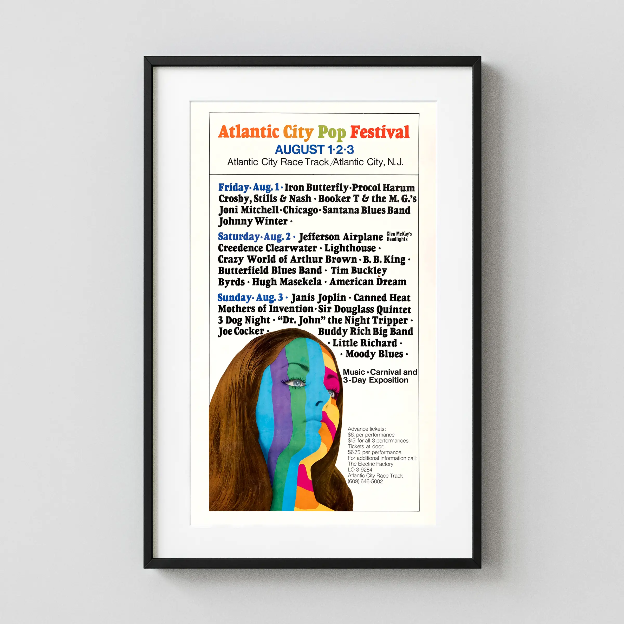 Janis Joplin, Frank Zappa, CSN, Joni Mitchell poster with white, light gray, and gray artwork and period lettering.