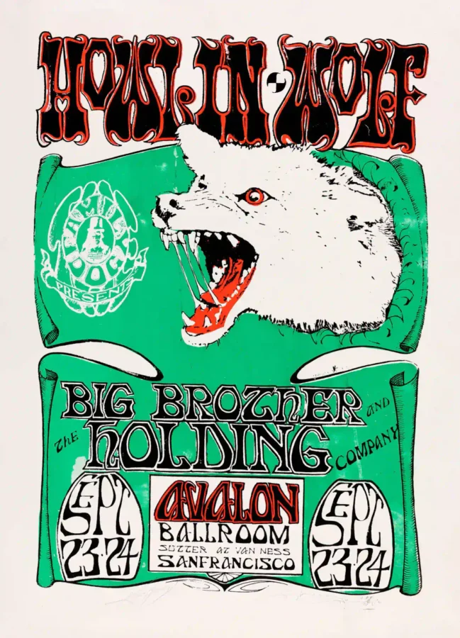 Janis Joplin, Howlin' Wolf 1966 Music Poster featuring rose, teal, and light gray vertical artwork.