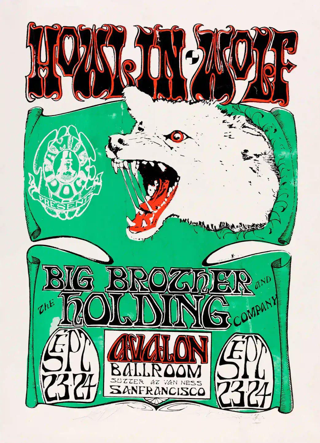 Janis Joplin, Howlin' Wolf 1966 Music Poster featuring rose, teal, and light gray vertical artwork.