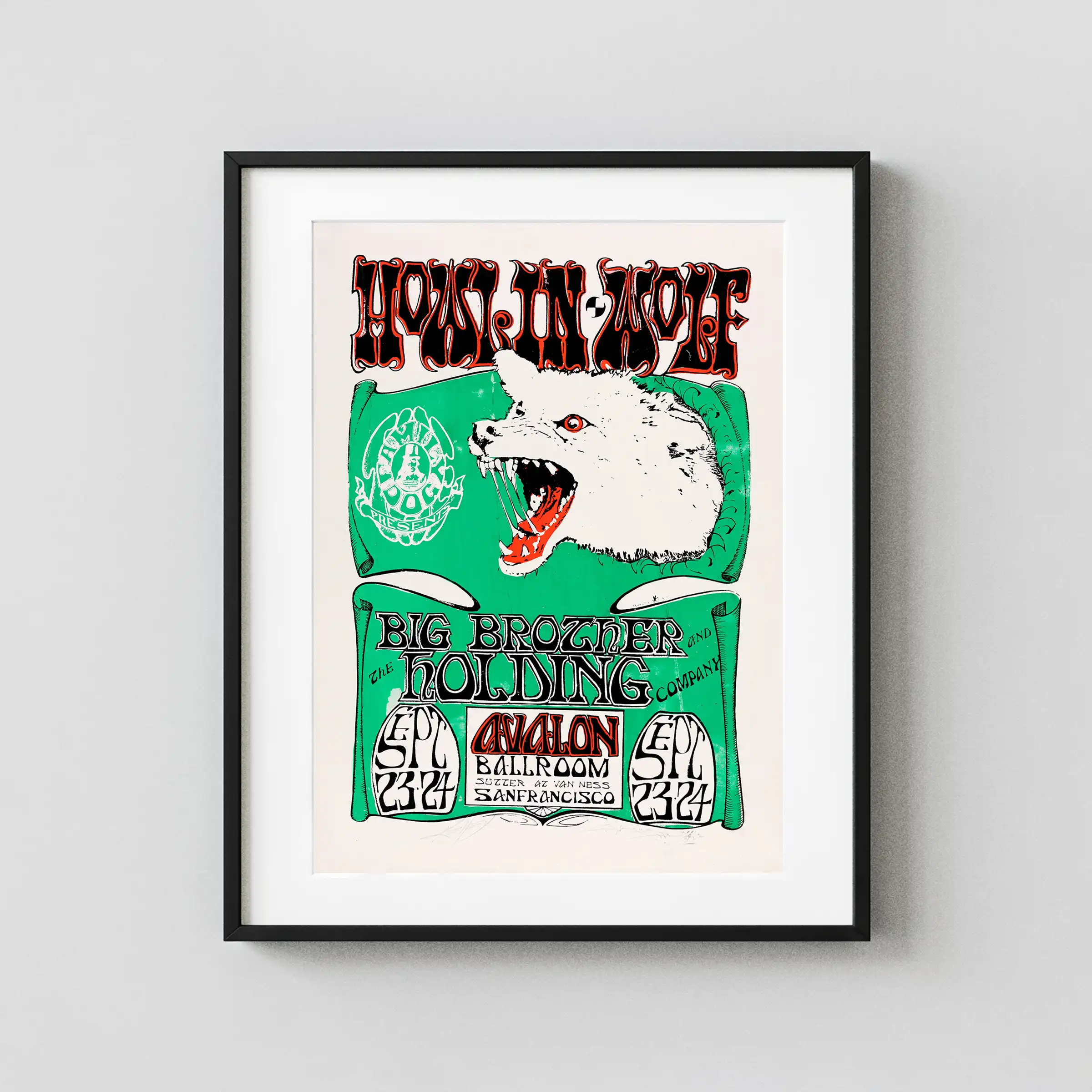 Janis Joplin, Howlin' Wolf 1966 Music Poster featuring rose, teal, and light gray vertical artwork.