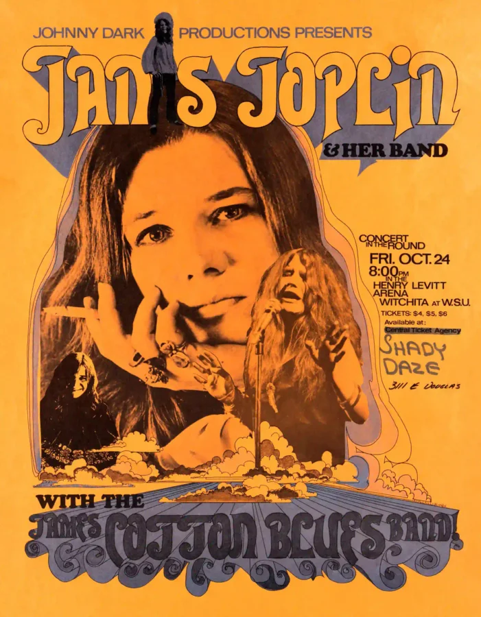 Janis Joplin, James Cotton Blues Band 1969 Music Poster featuring orange, brown, and white vertical artwork.