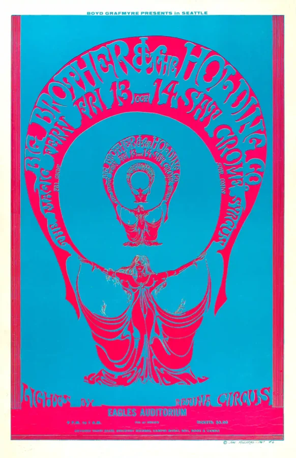 Janis Joplin with Big Brother 1967 Seattle, WA Concert Poster featuring blue, white, and purple vertical artwork.