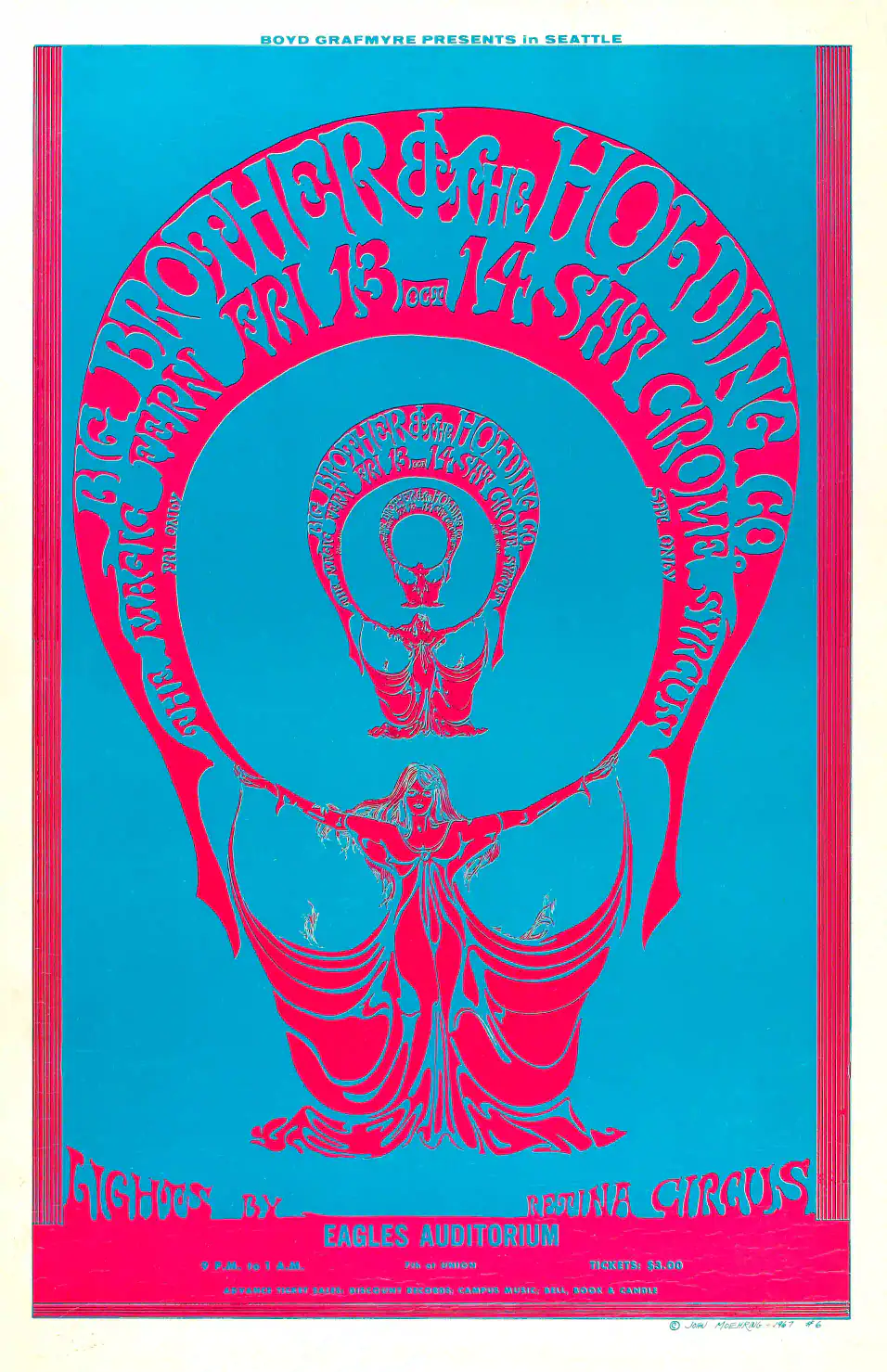 Janis Joplin with Big Brother 1967 Seattle, WA Concert Poster featuring blue, white, and purple vertical artwork.