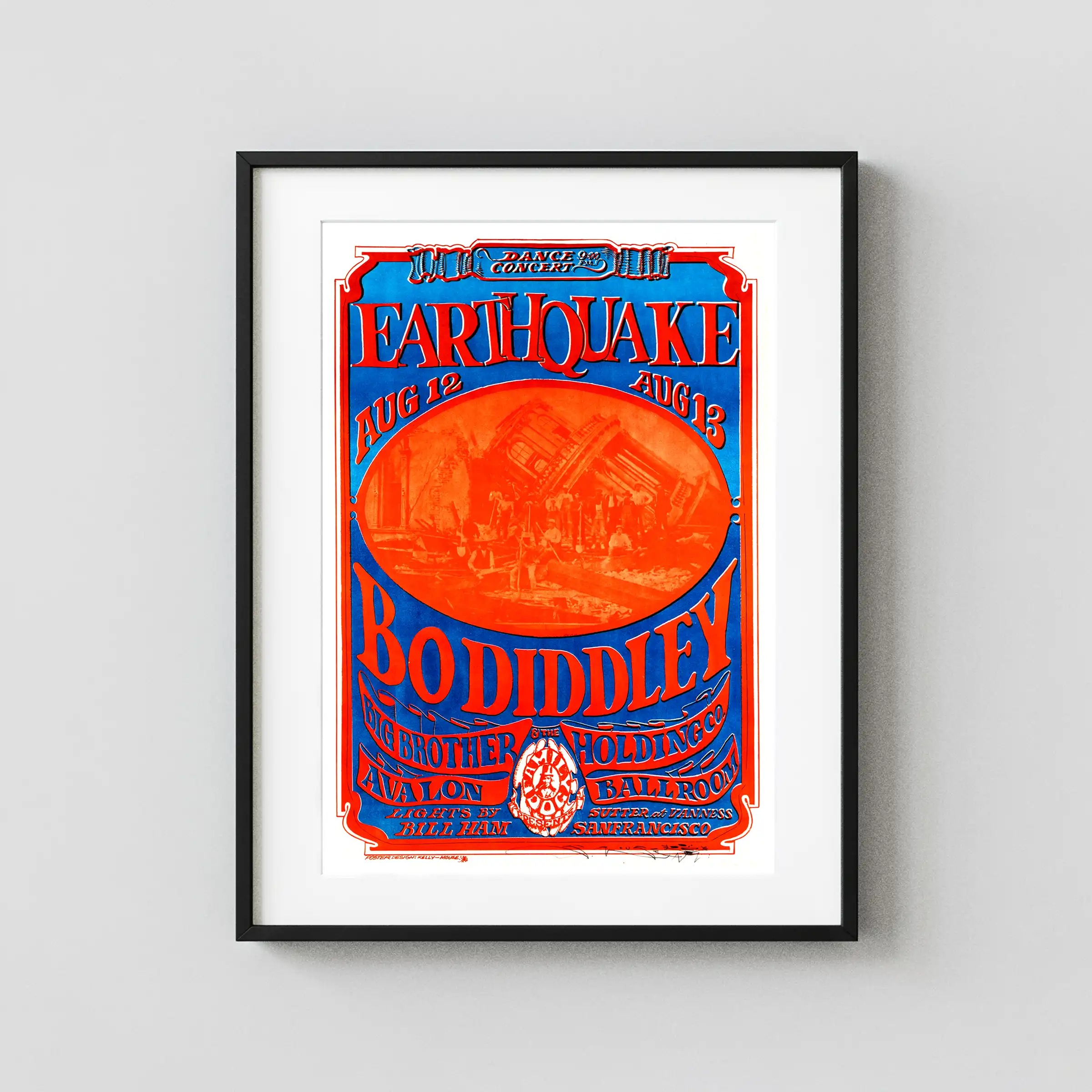 Janis Joplin with Big Brother, Bo Diddley 1966 Avalon Poster featuring orange, white, and magenta vertical artwork.
