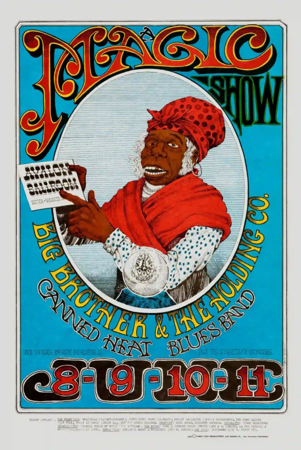 Janis Joplin with Big Brother, Canned Heat poster with light gray, blue, and teal artwork and period lettering.