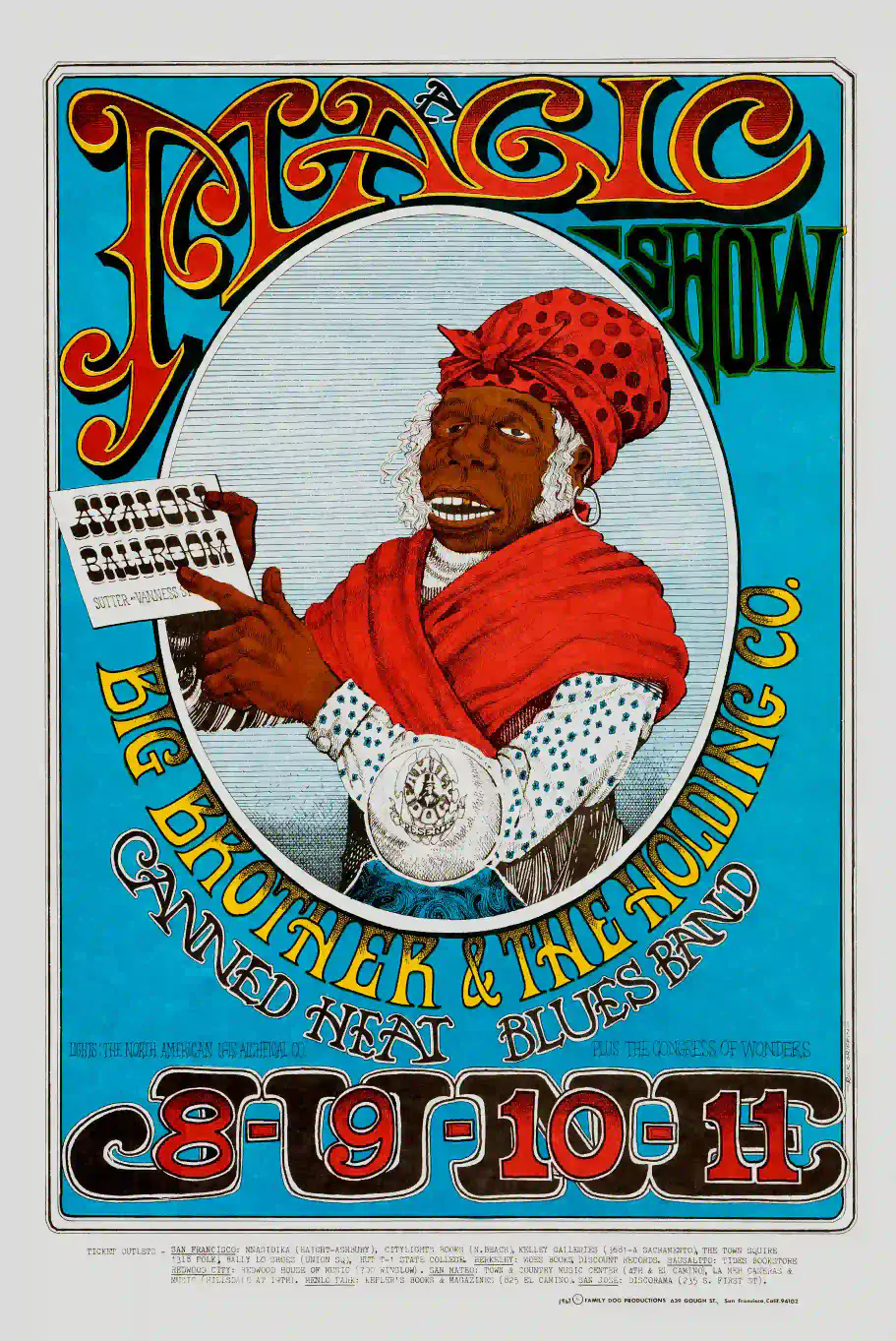 Janis Joplin with Big Brother, Canned Heat poster with light gray, blue, and teal artwork and period lettering.