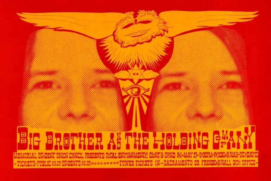 Janis Joplin with Big Brother & Holding Company poster with white, yellow, and orange artwork and period lettering.