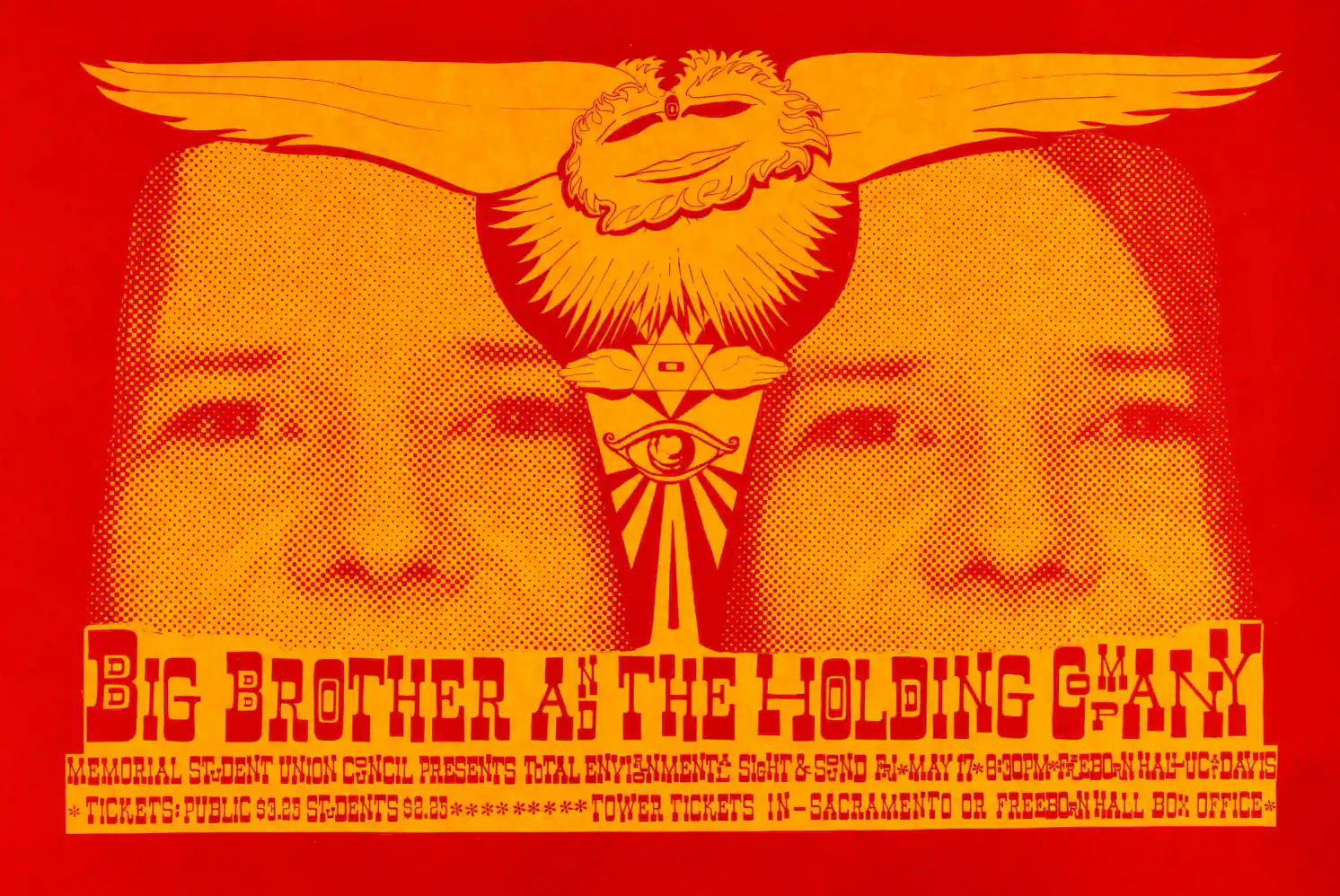 Janis Joplin with Big Brother & Holding Company poster with white, yellow, and orange artwork and period lettering.