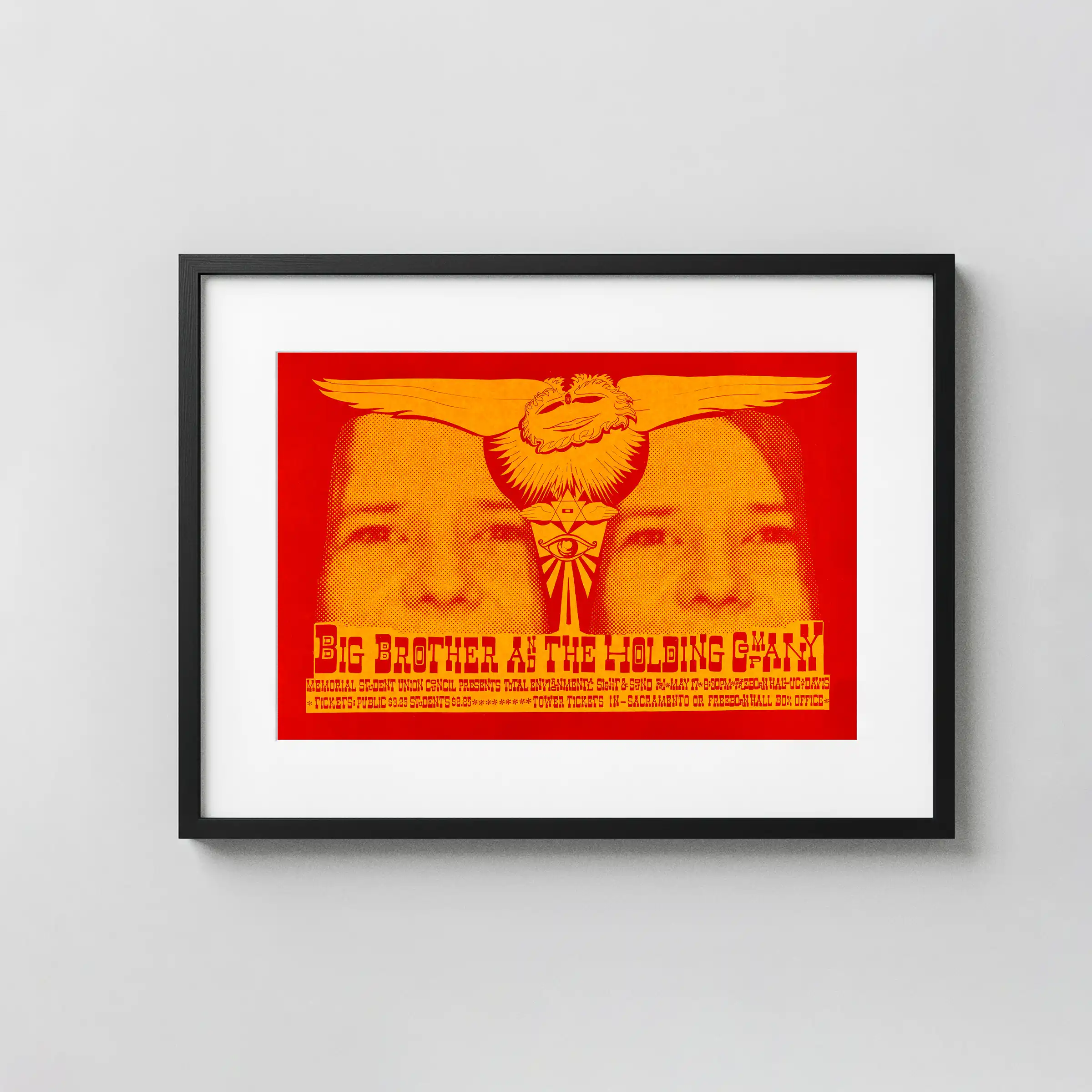 Janis Joplin with Big Brother & Holding Company poster with white, yellow, and orange artwork and period lettering.