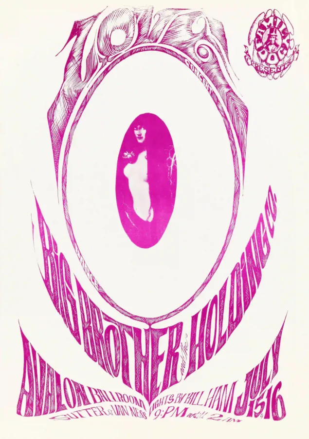 Janis Joplin with Big Brother, Love 1966 Avalon Ballroom Concert Poster featuring white, pink, and magenta vertical artwork.