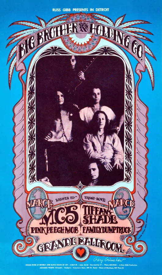 Janis Joplin, BBHC 1968 Grande Ballroom Poster featuring blue, black, and red vertical artwork.