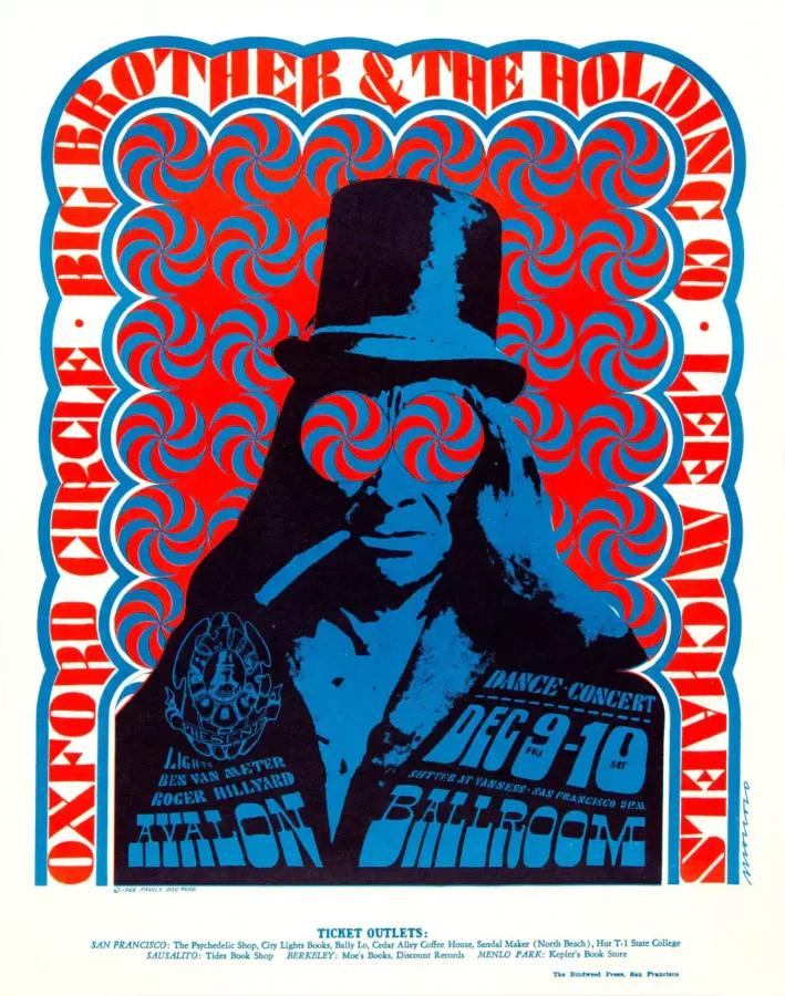 Janis Joplin, Big Brother & Holding Co. poster with white, magenta, and black artwork and period lettering.