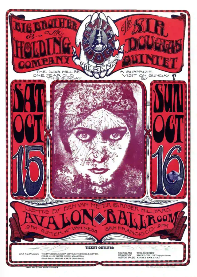 Janis Joplin, Big Brother & Holding Co. 1966 Avalon Poster featuring white, red, and magenta vertical artwork.