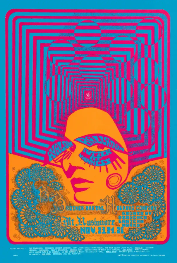 Janis Joplin, Big Brother & Holding Company 1967 Avalon Concert Poster featuring blue, magenta, and orange vertical artwork.