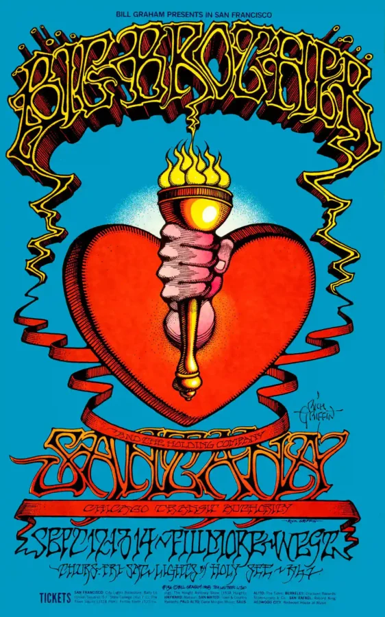 Janis Joplin, Big Brother, Santana, CTA 1968 Fillmore West Poster featuring blue, red, and navy vertical artwork.