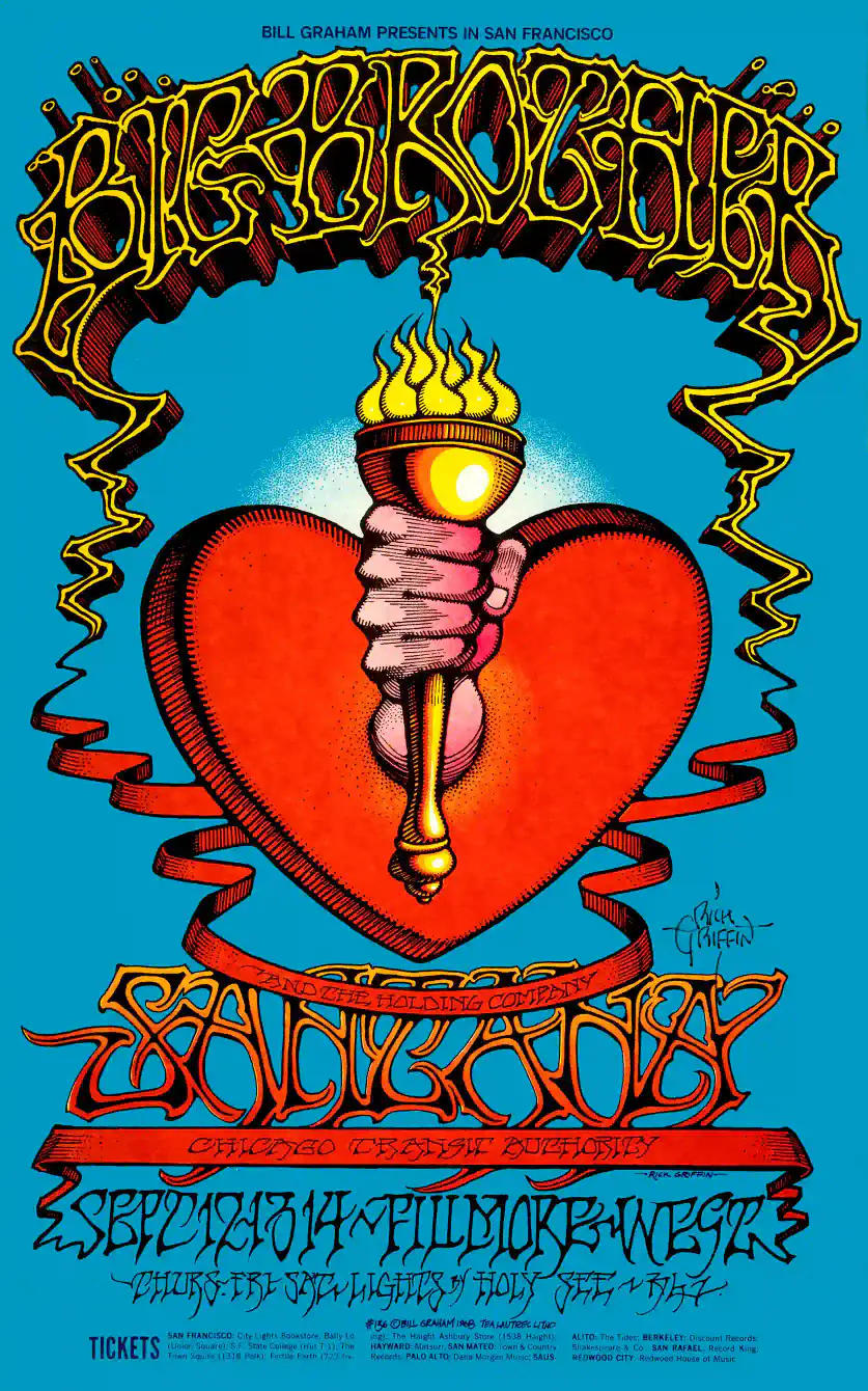 Janis Joplin, Big Brother, Santana, CTA 1968 Fillmore West Poster featuring blue, red, and navy vertical artwork.