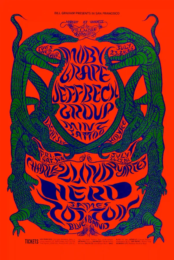 Jeff Beck Group with Rod Stewart & Ronnie Wood poster with red, teal, and magenta artwork and period lettering.