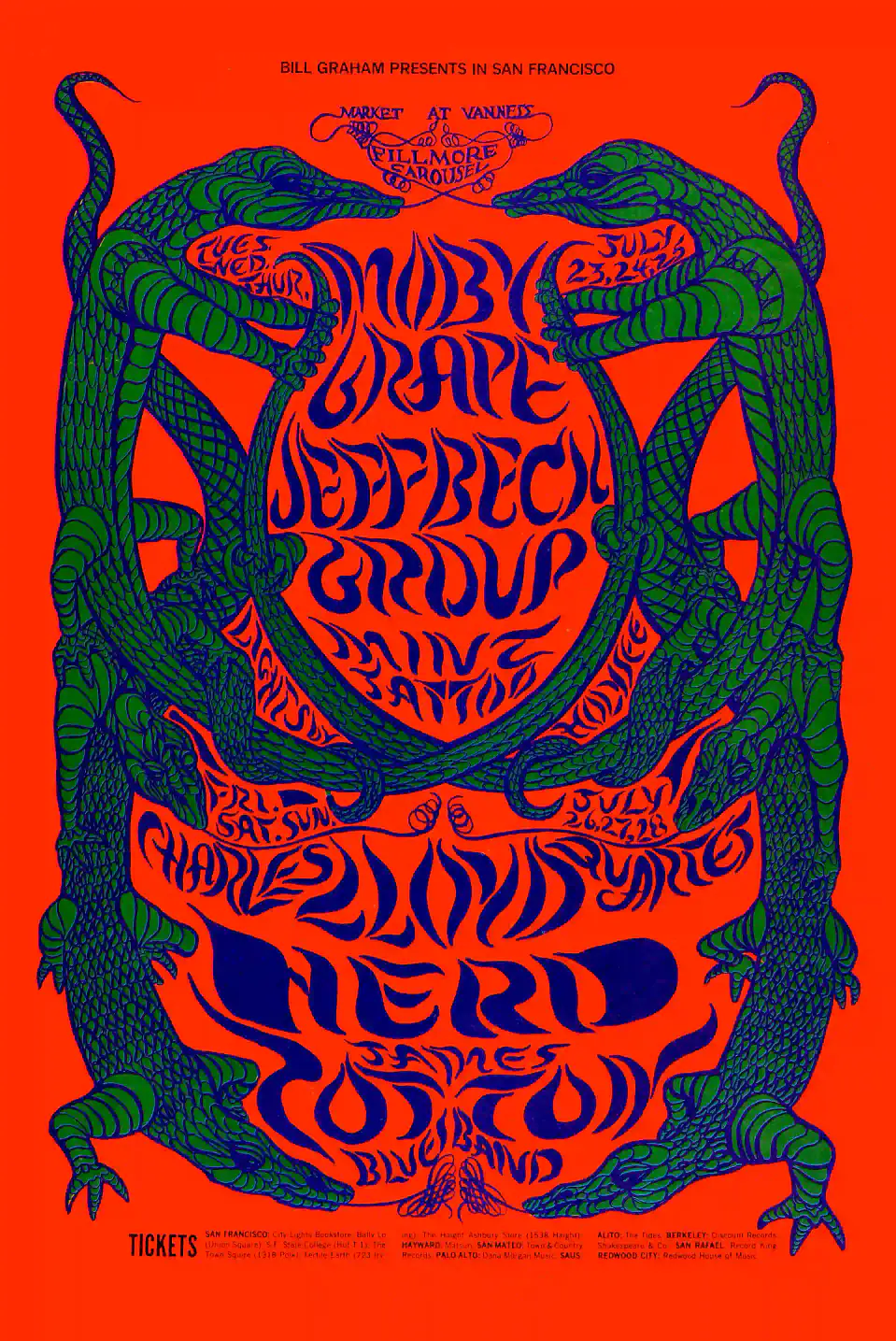 Jeff Beck Group with Rod Stewart & Ronnie Wood poster with red, teal, and magenta artwork and period lettering.