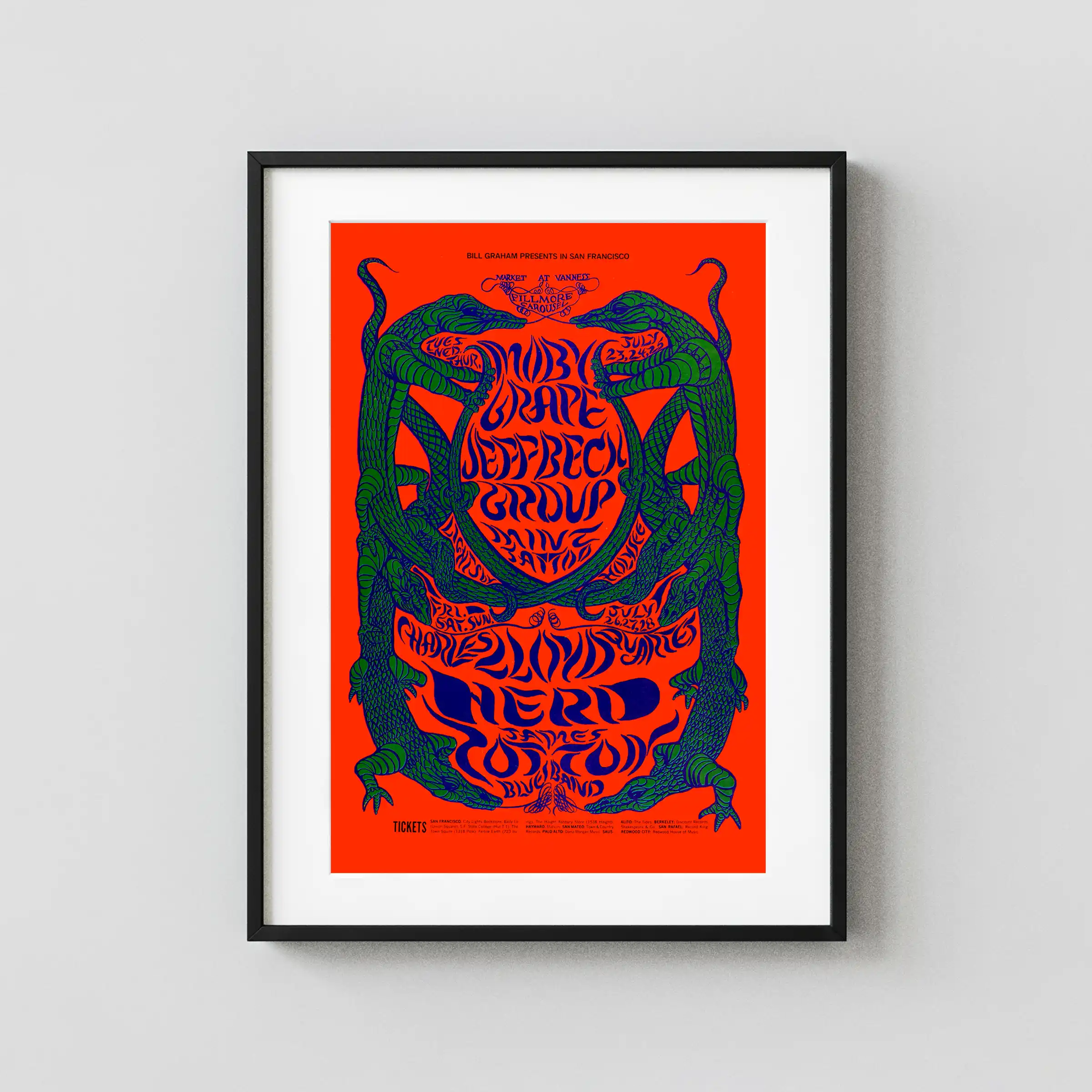 Jeff Beck Group with Rod Stewart & Ronnie Wood poster with red, teal, and magenta artwork and period lettering.