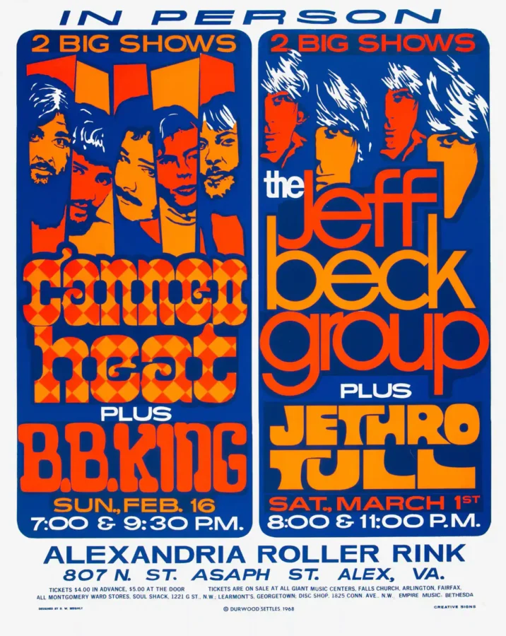 Jeff Beck, Jethro Tull, Canned Heat, B.B. King poster with white, blue, and orange artwork and period lettering.