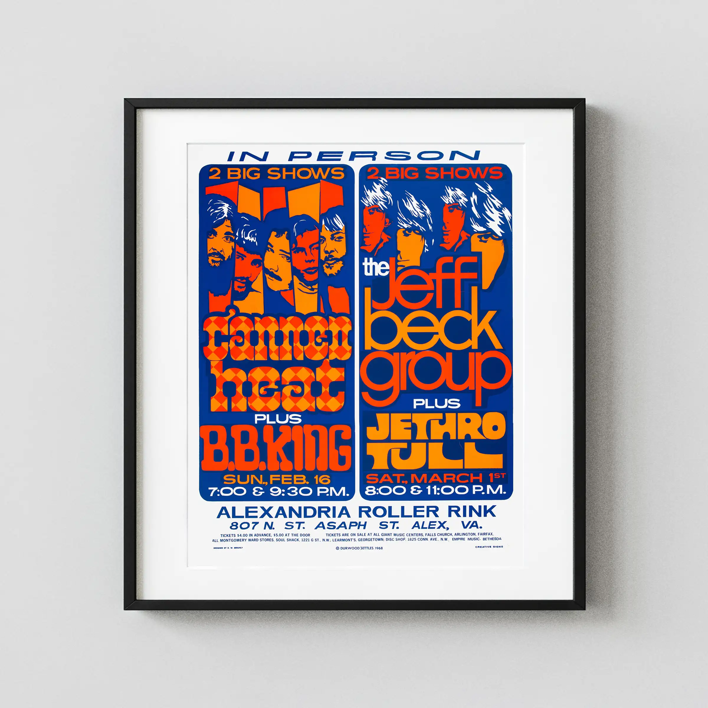 Jeff Beck, Jethro Tull, Canned Heat, B.B. King poster with white, blue, and orange artwork and period lettering.