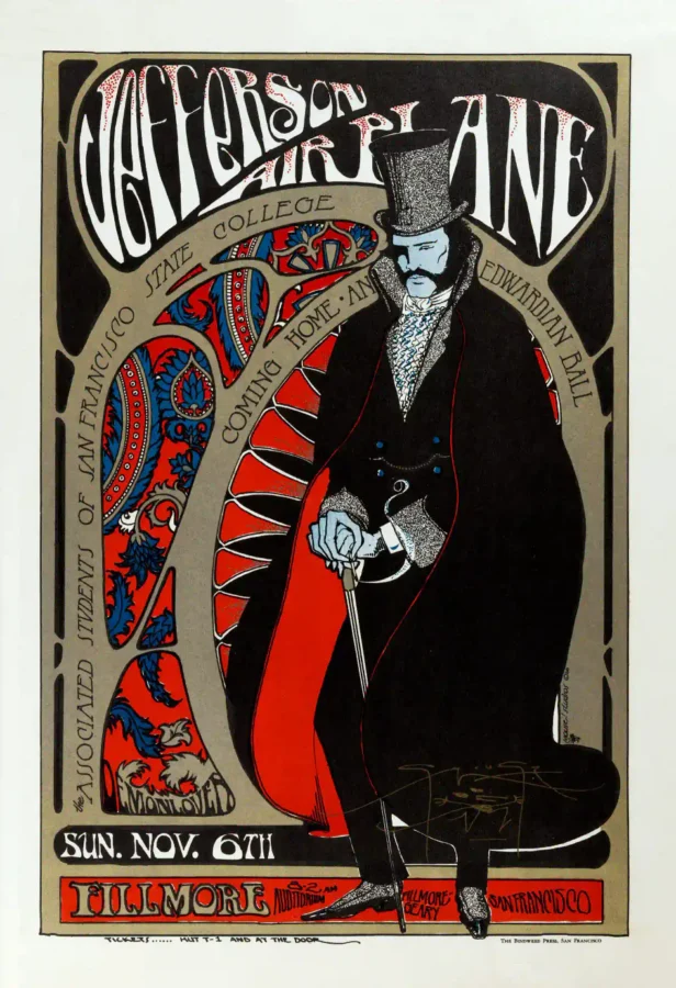Jefferson Airplane 1966 "Edwardian Ball" Fillmore Poster featuring black, white, and yellow vertical artwork.