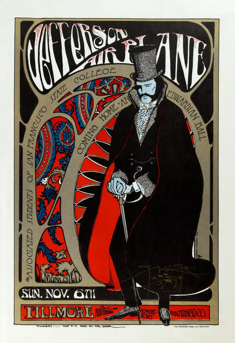 Jefferson Airplane 1966 "Edwardian Ball" Fillmore Poster featuring black, white, and yellow vertical artwork.