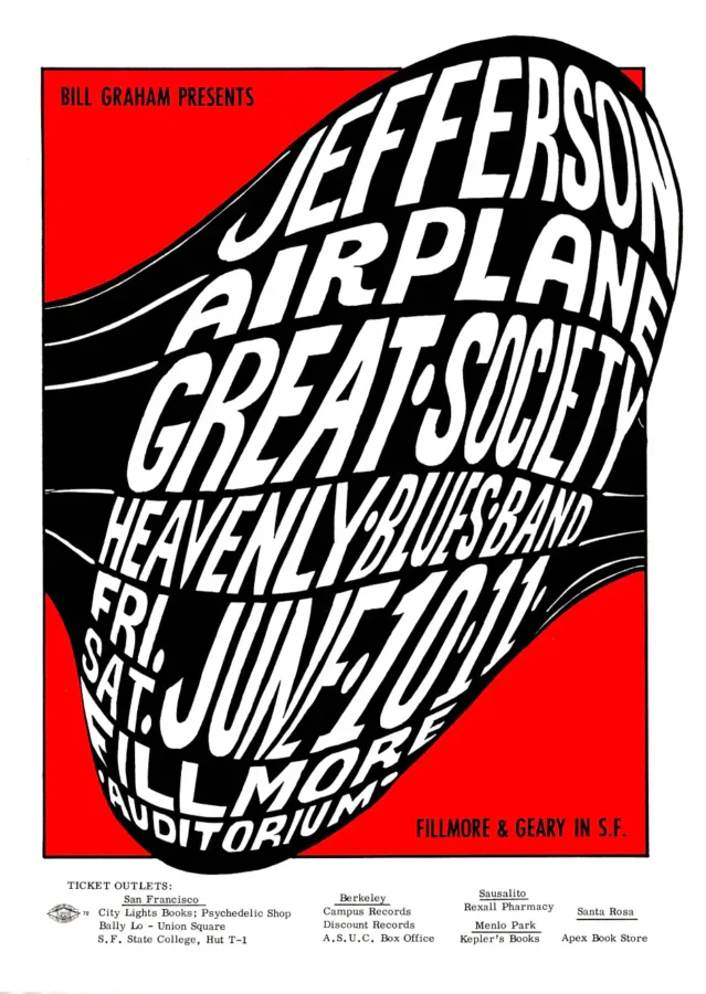 Jefferson Airplane 1966 Fillmore Concert Poster featuring white, red, and gray vertical artwork.