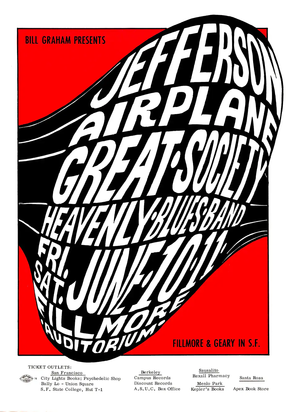Jefferson Airplane 1966 Fillmore Concert Poster featuring white, red, and gray vertical artwork.