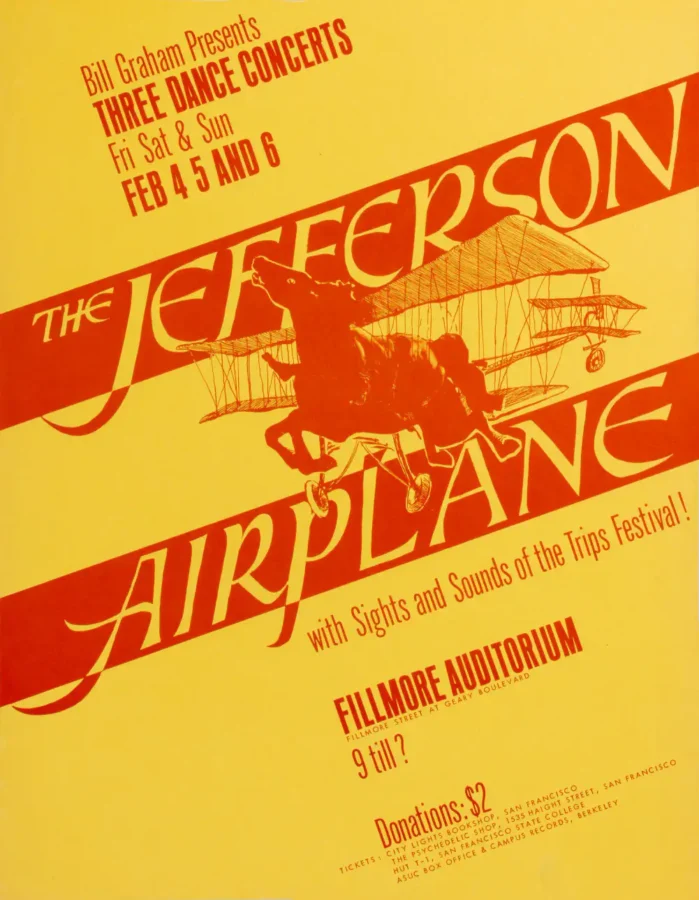 Jefferson Airplane 1966 Fillmore Concert Poster - Design 2 featuring yellow, orange, and white vertical artwork.