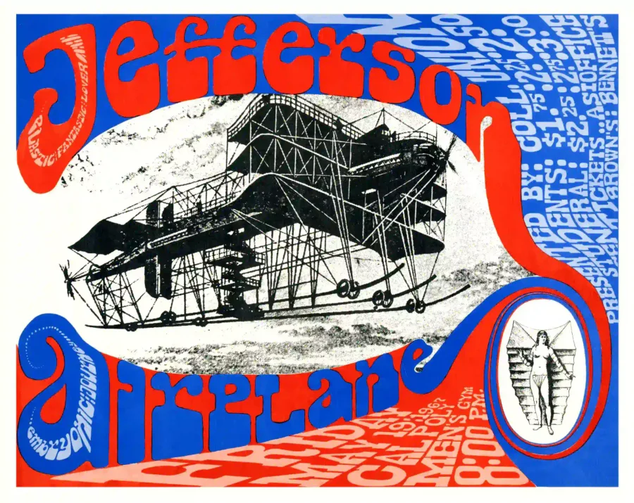 Jefferson Airplane 1967 Cal Poly San Luis Obispo Concert Poster featuring white, black, and gray vertical artwork.