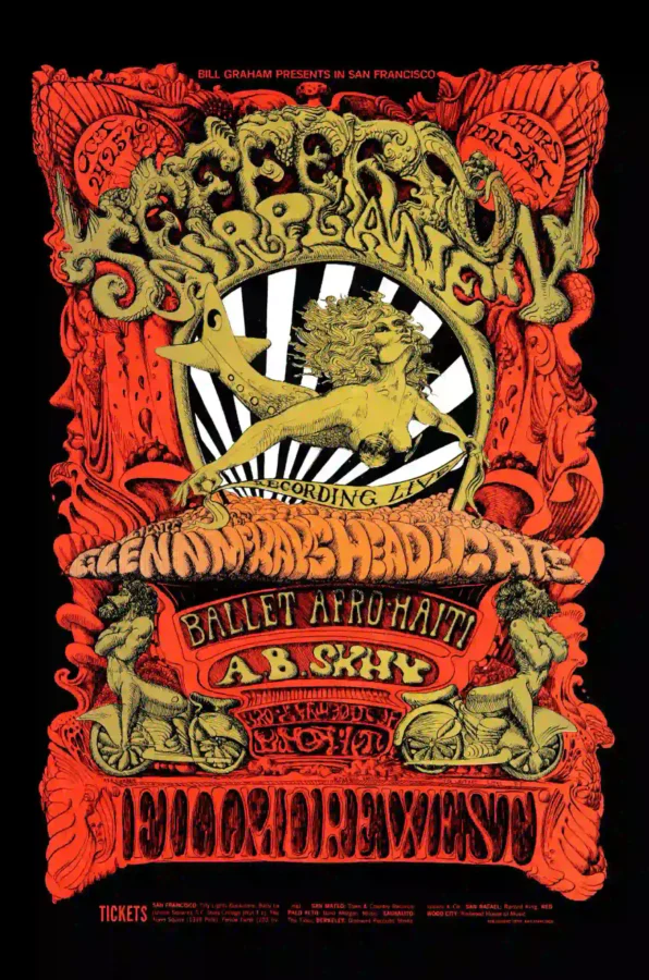 Jefferson Airplane 1968 Fillmore West Concert Poster featuring black, red, and yellow vertical artwork.